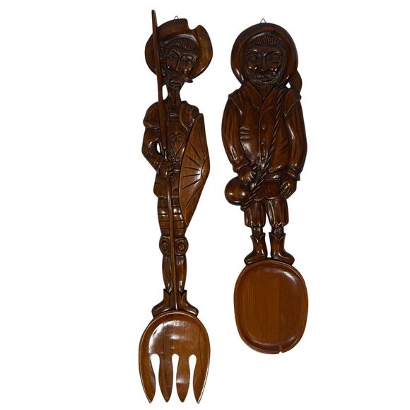 Vintage Hand Carved Wood Wall Art Spoon & Fork Set 26" & 30" Folk Decor - Picture 2 of 9